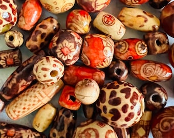 Colorful Wooden Beads Mix Boho Patterns Various Sizes and Shapes 25 Piece Sets