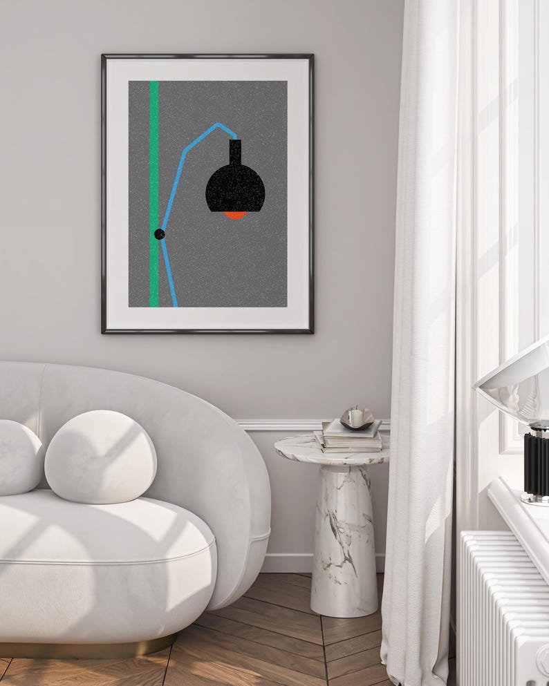 Mid Century Lamp Poster | Abstract Line Art Print | Bold Grey Blue Wall ...