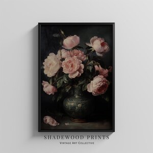 Stimmungsvoller Vintage Blumendruck | Blumen Stillleben Ölgemälde | Dark Academia Dekor | Botanische Bauernhaus Dekor |  Digital herunterladbarer Druck
