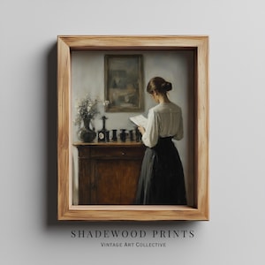 Vintage Portrait Woman Reading Print | Moody Portrait Art | Interior Scene | Antique Oil Painting |  Digital Downloadable Print