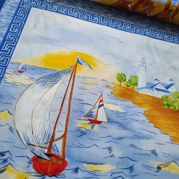 By the PANEL Group - 4 Scenes - Ports of Call - Boats Sailboat Palm Trees Islands Ocean - Cotton Quilting Fabric