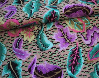 By the HALF Yard - Early Kaffe Fassett OOP Embroidered Leaf Cotton Fabric Taupe Animal Print Bold Leaves VHTF