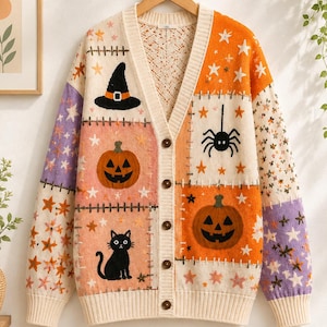 May include: A long-sleeve V-neck cardigan featuring a patchwork design with Halloween motifs including a black witch hat, jack-o'-lantern pumpkins, a black cat, and a spider. The knit fabric displays star patterns in orange, purple, and cream colors.