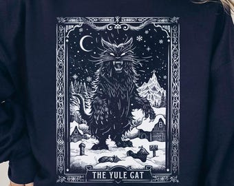 The Yule Cat Tarot Card Goth Christmas Sweatshirt, Icelandic Folklore Gothic Christmas Shirt, Creepy Holiday Cat Gift, Winter Solstice Tee
