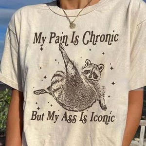 May include: Beige t-shirt with the text "My Pain Is Chronic But My Ass Is Iconic" and a raccoon graphic. The raccoon is depicted in a yoga pose. The shirt has short sleeves and a crew neck.