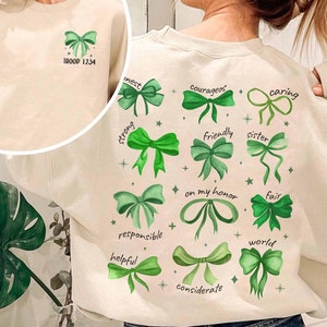 Custom Scout Troop Bow Shirt, Personalized Troop Shirts, Scout Team Troop Number Sweatshirt, Camping Girl Coquette Shirt, Scout Life Apparel