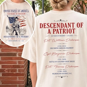 Custom Descendant of a Patriot Shirt, Personalized Revolutionary War Ancestry Tee, 1776-2026 USA 250th Anniversary, Genealogy Heritage Gift