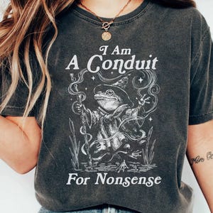 May include: Dark gray t-shirt with the text "I Am A Conduit For Nonsense." The graphic features a frog dressed as a wizard with a staff and a pointed hat. The shirt is a casual, unisex style.