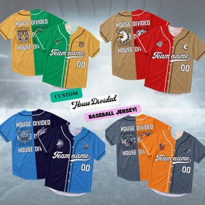 May include: Assorted baseball jerseys in various color combinations, each split down the middle with contrasting colors. The jerseys feature team names, the number "00", and the text "HOUSE DIVIDED".
