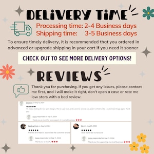 Op de afbeelding: Een beige afbeelding met de tekst "DELIVERY TIME" en "REVIEWS". Het bevat verwerkingstijden en verzendtijden, en klantbeoordelingen. Decoratieve elementen zijn bloemen en sterren.