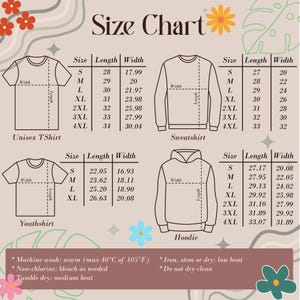 Puede incluir: Tabla de tallas para varias prendas: camiseta unisex, sudadera, camiseta juvenil y sudadera con capucha. La tabla proporciona medidas de largo y ancho en cm para las tallas S a 4XL. Tambi&eacute;n se incluyen instrucciones de cuidado.