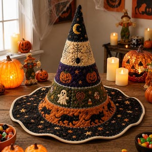 May include: A quilted fabric witch hat featuring horizontal bands of patterns including a crescent moon, spider webs, pumpkins, a ghost, candy, and black cats. The hat has a wide, scalloped brim with a black background and small orange stars.