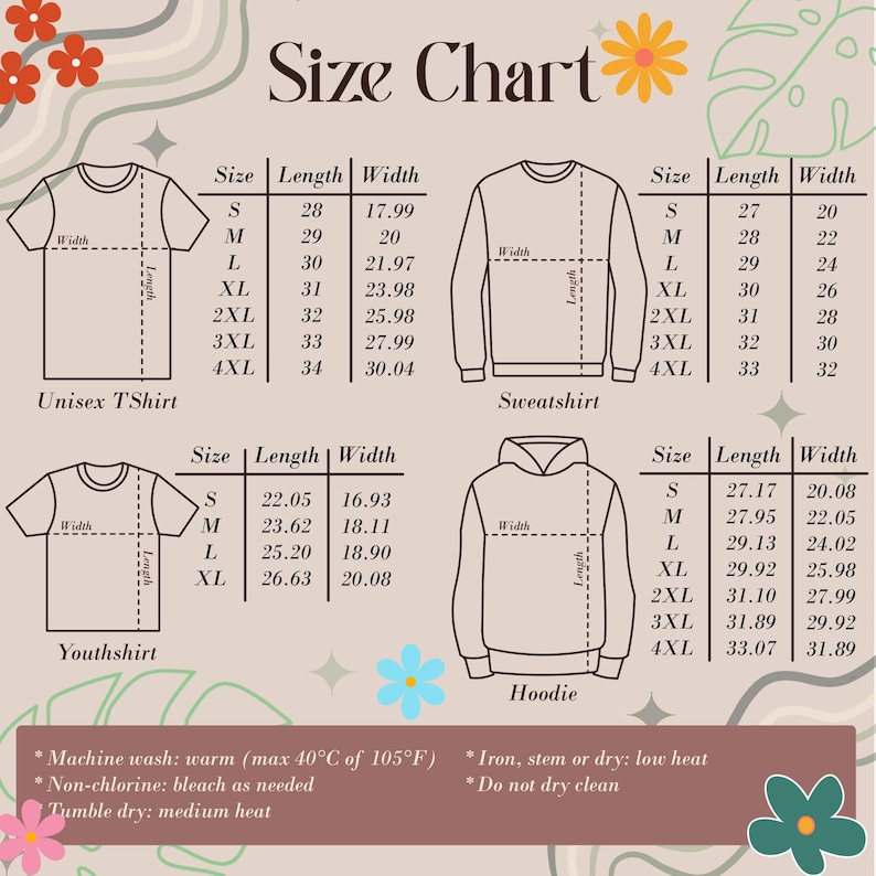 Op de afbeelding: Maattabel voor kleding, met een unisex T-shirt, sweatshirt, jeugdshirt en hoodie. De tabel toont lengte- en breedtematen in cm voor maten S tot 4XL. Wasvoorschriften zijn ook opgenomen.