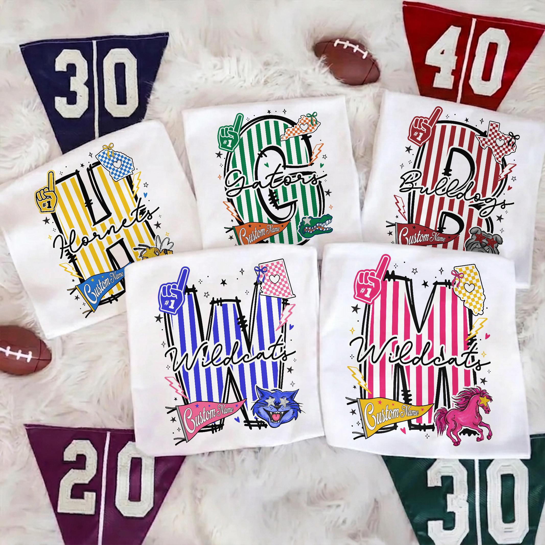 Custom School Spirit Shirt, Personalized Initial Mascot Tee, Retro Bulldogs Wildcats Mustang Shirt, Trendy Gameday Sports Mom Apparel