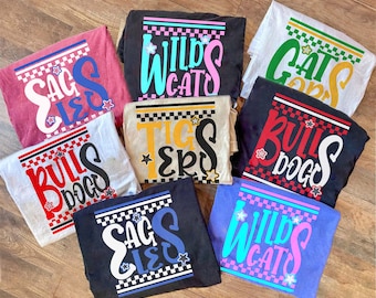 Custom Mascot Checkered Shirts, School Spirit Shirt, Tigers Bulldogs Wildcats Shirts, Retro Mascot Shirt, Football Spirit Tee, Football Team