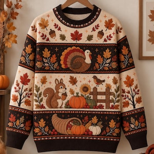 May include: A long-sleeve crewneck sweater featuring a cream and dark brown color scheme with a repeating autumn-themed pattern. The design includes a turkey, a squirrel holding an acorn, pumpkins, a cornucopia, sunflowers, and fall leaves.