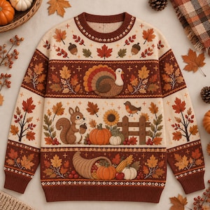 May include: A cream-colored long-sleeve knit sweater featuring a brown crew neck, cuffs, and hem. The design includes horizontal bands with patterns of autumn leaves, acorns, a turkey, a squirrel, a bird, pumpkins, and a cornucopia.