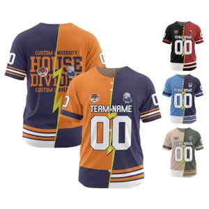 May include: Baseball jerseys in various color combinations, featuring a split design. Each jersey has a team name, the number "00", and a team logo. The back of one jersey displays "CUSTOM UNIVERSITY HOUSE DIV".