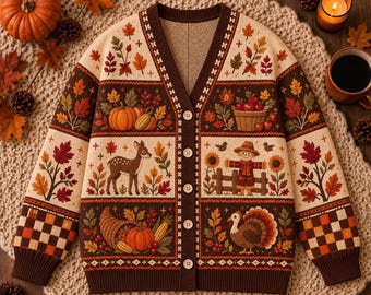 Thanksgiving Cardigan Sweater, Autumn Harvest Knitwear, Pumpkin Deer Turkey Outfit, Rustic Fall Fashion, Cozy Woodland Gift for Women