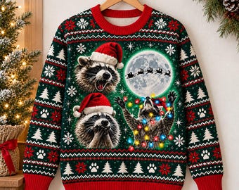 Christmas Raccoon Sweater, Funny Vintage Holiday Pullover, Santa Raccoon Knit, Festive Winter Top, Retro Christmas Gift, Cozy Xmas Apparel