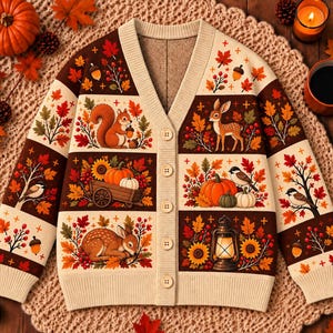 May include: A cream-colored V-neck cardigan featuring a repeating pattern of autumn-themed illustrations including squirrels, deer, pumpkins, sunflowers, acorns, and a lantern, finished with five light-colored buttons down the center front.