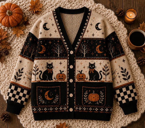 Halloween Cat Cardigan, Vintage Pumpkin Sweater, Black Cat Knitwear, Autumn Witchy Jacket, Cozy Fall Clothing, Spooky Harvest Gift