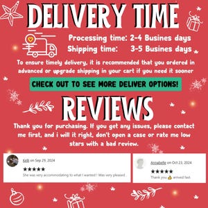 May include: A red graphic with the words "DELIVERY TIME" in white. It includes information about processing and shipping times, along with customer reviews. The image also features decorative elements like snowflakes and gift boxes.