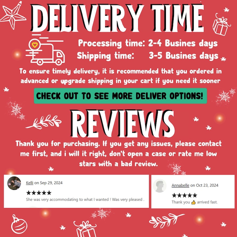 May include: A red graphic with the words "DELIVERY TIME" in white. It includes information about processing and shipping times, along with customer reviews. The image also features decorative elements like snowflakes and gift boxes.