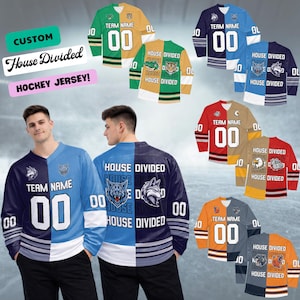 May include: Custom hockey jerseys with a split design, featuring team names and the number "00". The jerseys come in various color combinations, including blue, green, gold, and orange. The text "House Divided" is also visible.