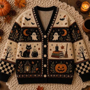 May include: A beige and black V-neck button-down cardigan featuring a repeating pattern of Halloween motifs including ghosts, crescent moons, bats, a black cat, a cauldron, a stack of books labeled Spells, a broom, a lantern, and a jack-o'-lantern.