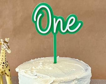 One Cake Topper, First Birthday, Jungle Theme, Safari Animals, Green and White, Party Decoration