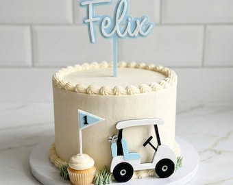 Custom Golf Cart Cake Charm, Flag and Name Cake Topper, Personalized Name/Age Golf Birthday Decor, 3D Printed Golf Theme Par-Tee Cake Decor