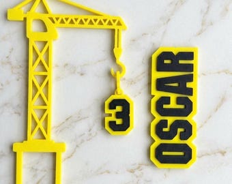 Personalized Construction Cake Topper,3D Printed Lifting Crane Holding Age, Custom Name Cake Charm, Construction Birthday Party Decorations