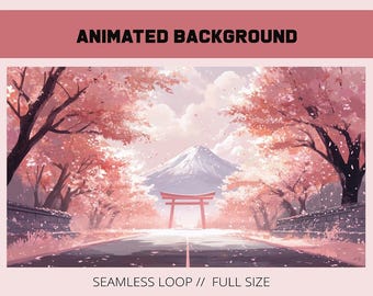 May include: An animated background featuring a road leading to a red torii gate with a snow-capped mountain in the distance. The trees are in full bloom with pink cherry blossoms and petals falling from the branches.
