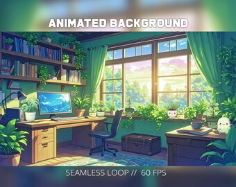Vtuber Cozy green animated stream background: plant themed cottage core library office room (Digital Download) - Sage anime looped gaming