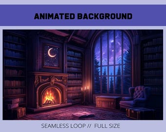 Fond de bibliothèque violet flux animé | graphiques de contraction | Fond animé Vtuber | bibliothèque magique fantastique | fond de ruisseau confortable