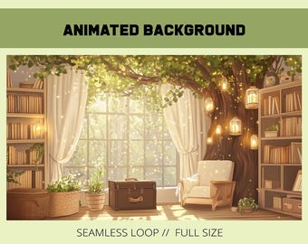 May include: An animated background featuring a cozy living room with a large window, a comfy armchair, bookshelves filled with books, and a tree with glowing lanterns. The room is bathed in warm sunlight and has a magical, whimsical feel.