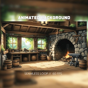 May include: An animated background of a rustic workshop with a stone fireplace and wooden beams. The scene includes barrels, a workbench with tools, and the text "ANIMATED BACKGROUND" and "SEAMLESS LOOP // 60 FPS".