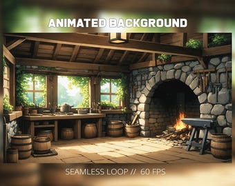 Animated blacksmith workshop dnd background, vtuber twitch stream overlay cozy  - medieval middleage looped animation (Digital Download)