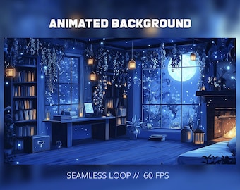 Fundo animado e mágico azul para transmissões ao vivo, cabana aconchegante, visual de introdução para Twitch, chalé de inverno aconchegante para Vtuber, papel de parede de fantasia - Download digital