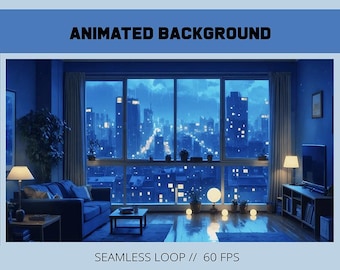 Fondo animado / habitación azul acogedora / visual de introducción de Twitch / fondo de Vtuber / habitación lofi lluviosa con horizonte / fondo de corriente acogedora /