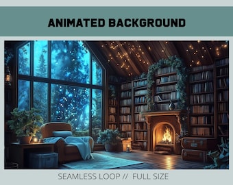 May include: A cozy library with a fireplace, a large window overlooking a snowy forest, and a comfortable armchair. The room is decorated with bookshelves, a wreath, and string lights. The fireplace is lit and the room is filled with a warm glow.