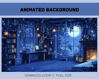 Arrière-plan animé | cabane confortable bleue | visuel d'introduction de Twitch | Contexte Vtuber | chalet magique confortable | fond flux confortable | fantaisie