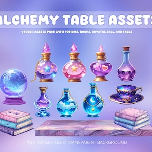 May include: Digital art of alchemy-themed assets, including potion bottles, a crystal ball, books, and a table. The bottles feature various designs with stars, hearts, and clouds. The text "ALCHEMY TABLE ASSETS" is at the top.