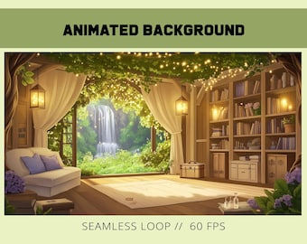 Cozy Treehouse animated stream vtuber  background | cottage core library room | Vtuber anime background | magical treehouse | green room