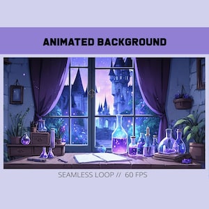 May include: An animated background illustration of a room with a large window looking out onto a castle. The room features laboratory glassware, a desk, and purple curtains. Text reads "ANIMATED BACKGROUND" and "SEAMLESS LOOP // 60 FPS."