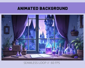 Animated vtuber background | Purple magical alchemy room |  Background for Twitch | Fantasy art witch room |  looped overlay