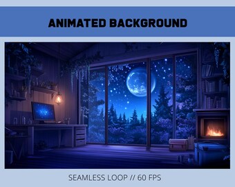 Può includere: Immagine di sfondo animata di una stanza accogliente con una grande finestra che si affaccia su una foresta notturna e una luna piena. La stanza ha una scrivania con un computer, un camino e librerie. Il testo recita "ANIMATED BACKGROUND" e "SEAMLESS LOOP // 60 FPS."