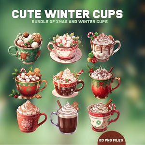 May include: An illustration of nine cute winter cups filled with various toppings, including whipped cream, marshmallows, and gingerbread men. The cups are decorated with festive patterns and colors, perfect for the holiday season. The text "CUTE WINTER CUPS" is at the top.
