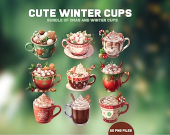 May include: An illustration of nine cute winter cups filled with various toppings, including whipped cream, marshmallows, and gingerbread men. The cups are decorated with festive patterns and colors, perfect for the holiday season. The text "CUTE WINTER CUPS" is at the top.